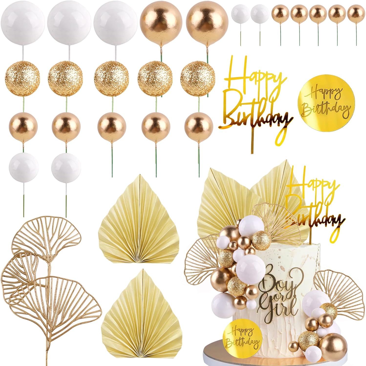 Confetti Balloon Set - Белые золотые шары, топперы для торта